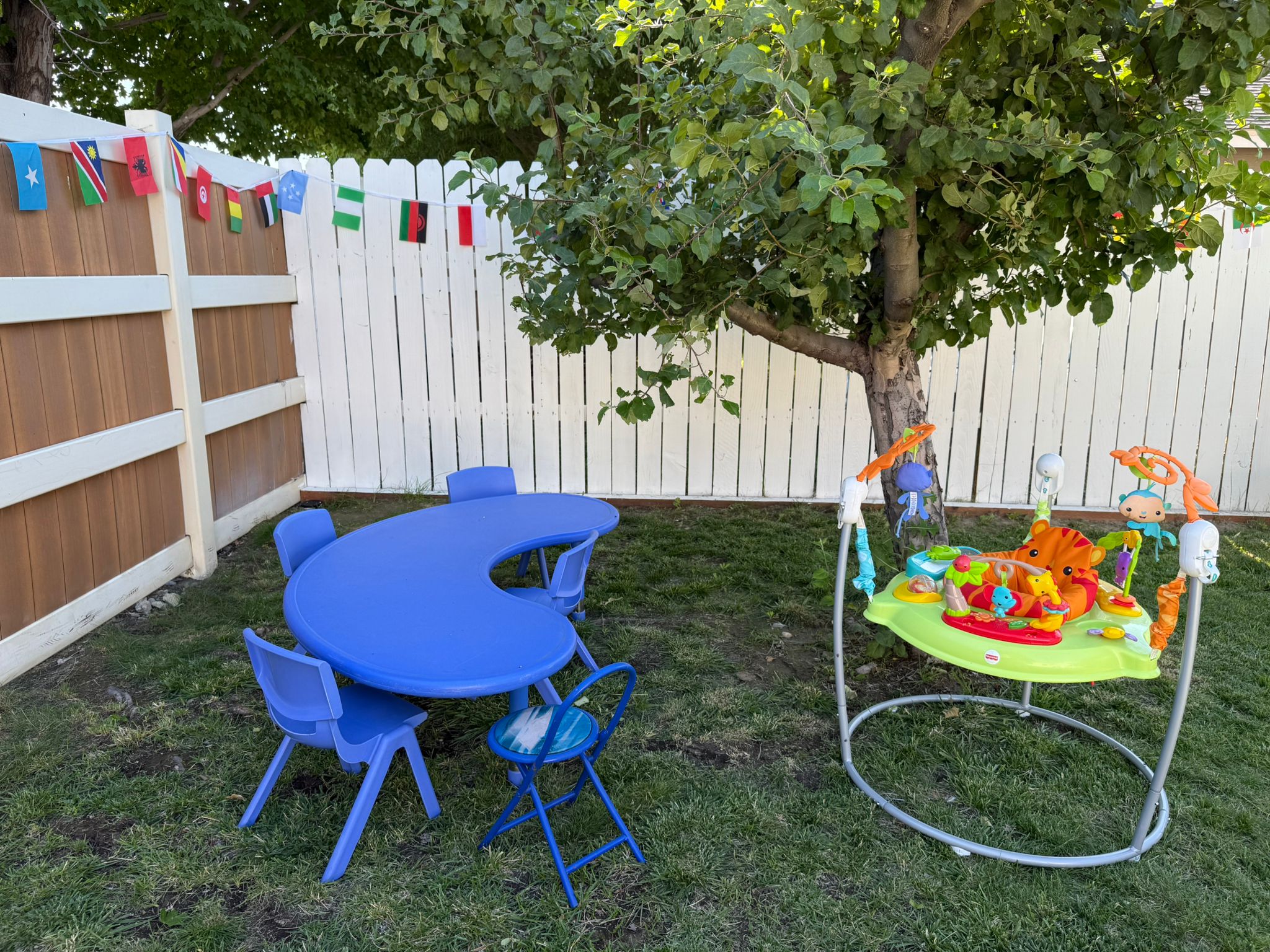 Patio trasero con una mesa y sillas azules para niños, un centro de actividades verde para bebés y banderas internacionales colgadas en una cerca bajo un árbol.